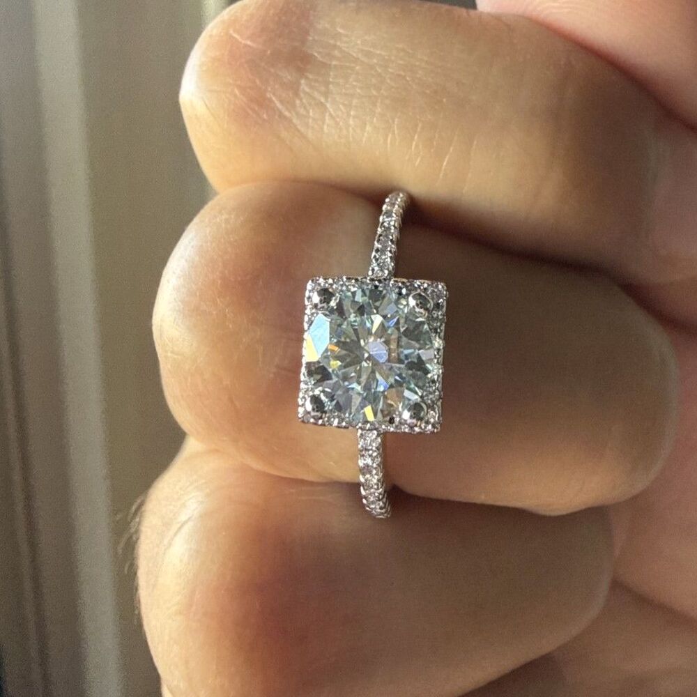 1CT Moissanite Ring Size 6 Rhodium Plated Square Halo GRA Certificate